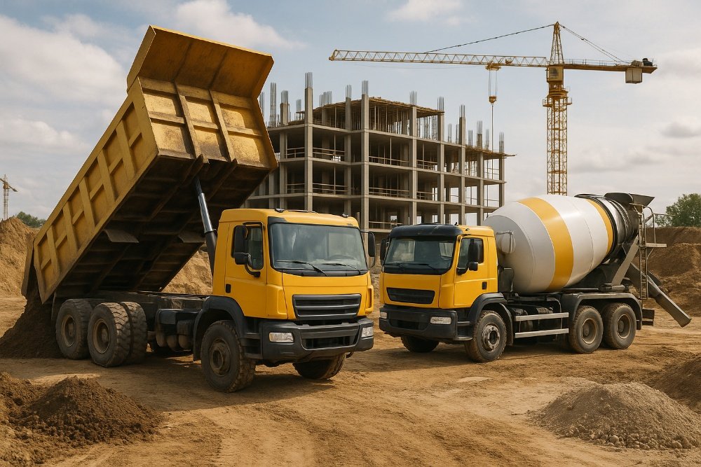 Dump trucks and concrete mixers at construction site